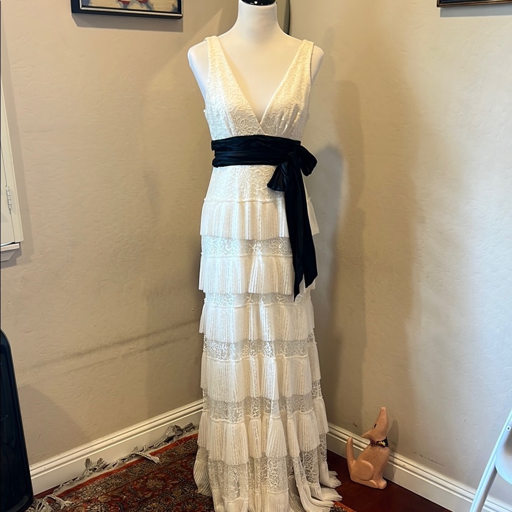Tiered Cream Lace Dress with Black Sash